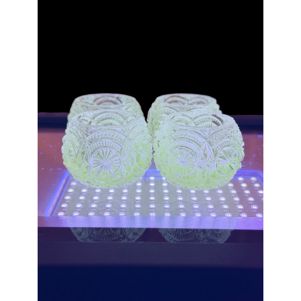 Antique UV Reactive Glass Salt Cellars EAPG Medallion Pattern Strong Glow 1.75”